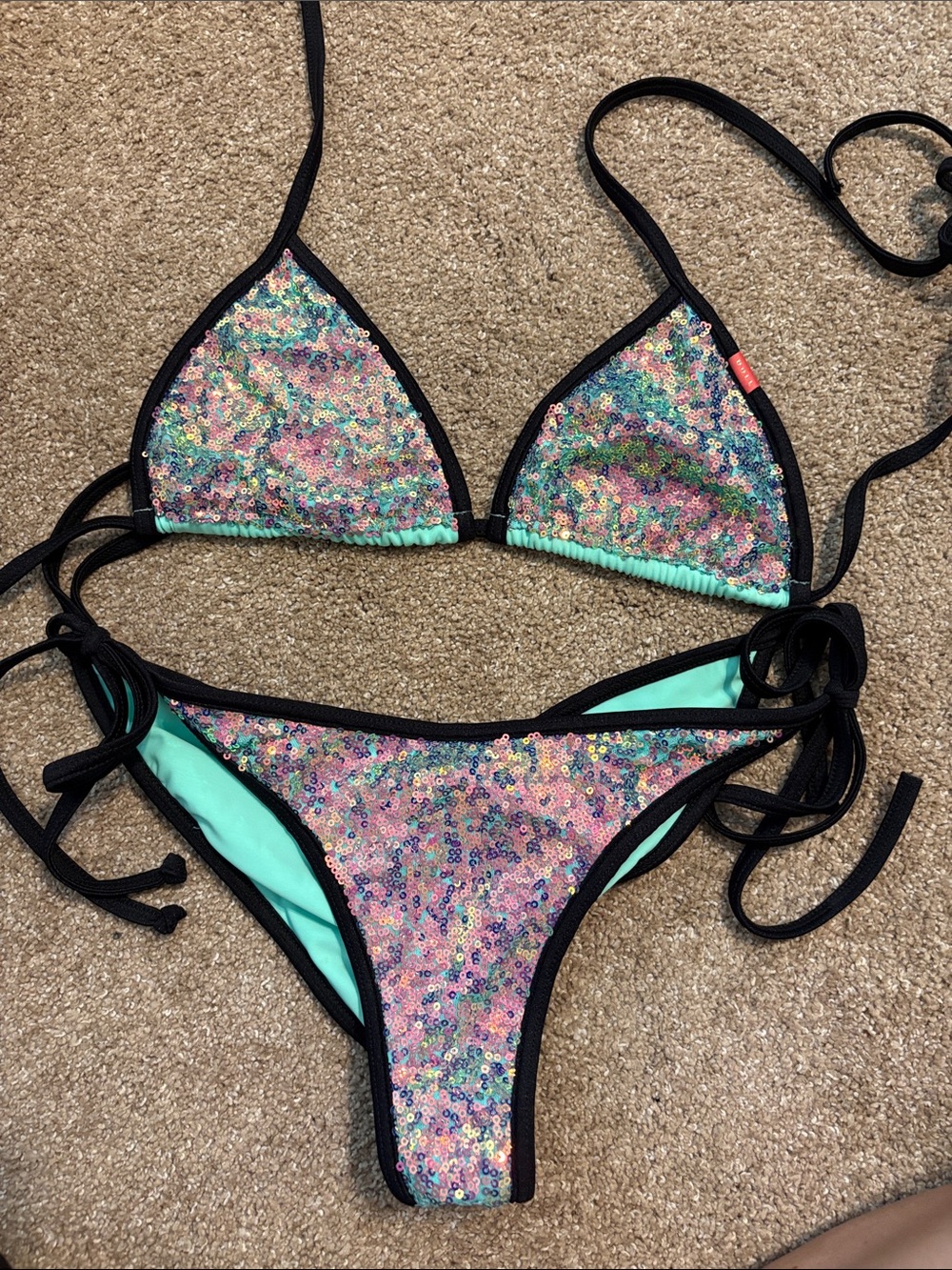 DOLL Sequin Triangle Bikini Set in Mint and Multicolor - Size medium
